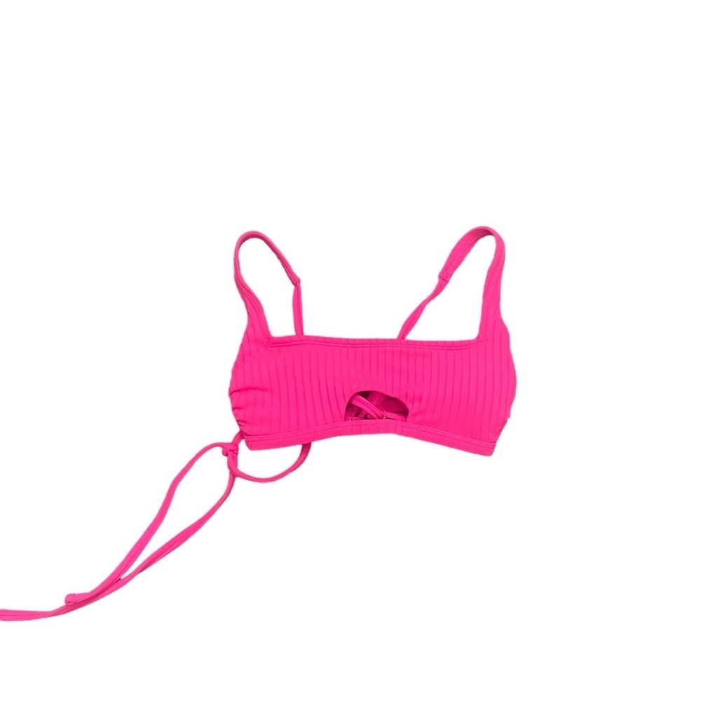 XHILARATION Bright Hot Pink Ribbed Square Neck Key Hole Cutout Summer Bikini Top - Picture 2 of 10